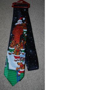 Christmas Necktie Santa Roof Reindeer Black Polyester Lined Mens 56" Long